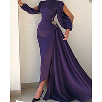 Sheath / Column Minimalist Elegant Wedding Guest Formal Evening Dress Jewel Neck Long Sleeve Sweep / Brush Train Satin with Pleats 2020