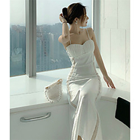 Sheath / Column Minimalist Elegant Wedding Guest Formal Evening Dress Spaghetti Strap Sleeveless Ankle Length Satin with Lace Insert 2020