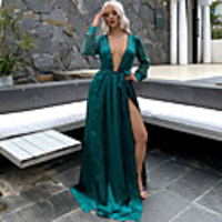 Sheath / Column Minimalist Sexy Holiday Prom Dress V Neck Long Sleeve Sweep / Brush Train Spandex with Split 2020