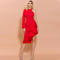 Sheath / Column Minimalist Sexy Party Wear Cocktail Party Dress High Neck Long Sleeve Asymmetrical Spandex with Ruffles 2020