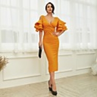 Sheath / Column Minimalist Sexy Party Wear Cocktail Party Dress V Neck Half Sleeve Tea Length Spandex with Ruffles Split 2020