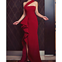 Sheath / Column Minimalist Sexy Wedding Guest Formal Evening Dress One Shoulder Sleeveless Asymmetrical Satin with Ruffles Split 2020