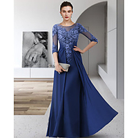 Sheath / Column Mother of the Bride Dress Elegant Jewel Neck Floor Length Chiffon Lace 3/4 Length Sleeve with Appliques Ruching 2020