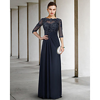 Sheath / Column Mother of the Bride Dress Elegant Jewel Neck Floor Length Chiffon Lace Half Sleeve with Pleats Appliques 2021 miniinthebox
