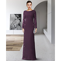 Sheath / Column Mother of the Bride Dress Elegant Jewel Neck Floor Length Chiffon Lace Long Sleeve with Sash / Ribbon Appliques 2020