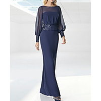 Sheath / Column Mother of the Bride Dress Elegant Jewel Neck Floor Length Chiffon Sequined Long Sleeve with Sash / Ribbon 2020