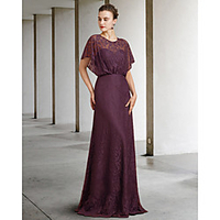 Sheath / Column Mother of the Bride Dress Elegant Jewel Neck Floor Length Lace Short Sleeve with Pleats 2021 miniinthebox