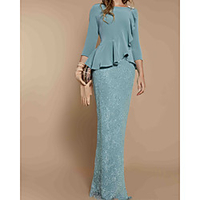 Sheath / Column Mother of the Bride Dress Elegant Jewel Neck Floor Length Lace Stretch Satin Long Sleeve with Ruffles 2020
