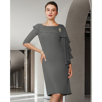 Sheath / Column Mother of the Bride Dress Elegant Jewel Neck Knee Length Chiffon Half Sleeve with Ruffles Draping Crystal Brooch 2020