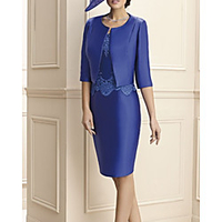 Sheath / Column Mother of the Bride Dress Elegant Jewel Neck Knee Length Lace Satin Half Sleeve with Appliques 2020