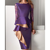 Sheath / Column Mother of the Bride Dress Elegant Jewel Neck Knee Length Lace Satin Long Sleeve with Ruffles 2020