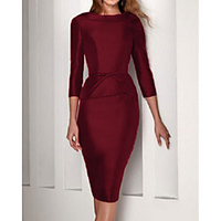 Sheath / Column Mother of the Bride Dress Elegant Jewel Neck Knee Length Satin Long Sleeve with Ruffles 2020
