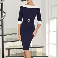 Sheath / Column Mother of the Bride Dress Elegant Jewel Neck Knee Length Stretch Fabric Half Sleeve with Sash / Ribbon Crystal Brooch Color Block 2020