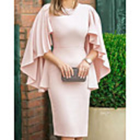Sheath / Column Mother of the Bride Dress Elegant Jewel Neck Knee Length Stretch Satin Half Sleeve with Ruffles 2020