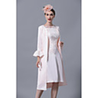 Sheath / Column Mother of the Bride Dress Elegant Plus Size Jewel Neck Knee Length Polyester Short Sleeve with Lace 2020 Mother of the groom dresses