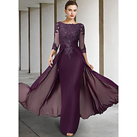 Sheath / Column Mother of the Bride Dress Elegant Sparkle Shine Jewel Neck Asymmetrical Floor Length Chiffon Lace 3/4 Length Sleeve with Sequin Appliques 2020