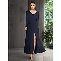 Sheath / Column Mother of the Bride Dress Elegant V Neck Ankle Length Chiffon Long Sleeve with Bow(s) Split Front 2020
