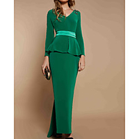 Sheath / Column Mother of the Bride Dress Elegant V Neck Floor Length Charmeuse Long Sleeve with Sash / Ribbon Ruffles 2020