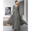 Sheath / Column Mother of the Bride Dress Elegant V Neck Floor Length Chiffon Lace 3/4 Length Sleeve with Pleats Appliques 2020