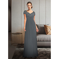 Sheath / Column Mother of the Bride Dress Elegant V Neck Floor Length Chiffon Lace Short Sleeve with Sequin Appliques Ruching 2020