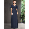Sheath / Column Mother of the Bride Dress Elegant V Neck Floor Length Chiffon Short Sleeve with Appliques Ruching 2020