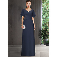 Sheath / Column Mother of the Bride Dress Elegant V Neck Floor Length Chiffon Short Sleeve with Appliques Ruching 2020