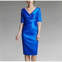 Sheath / Column Mother of the Bride Dress Elegant V Neck Knee Length Satin Half Sleeve with Ruching 2020