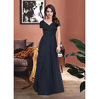 Sheath / Column Mother of the Bride Dress Elegant V Neck Sweep / Brush Train Chiffon Lace Short Sleeve with Sash / Ribbon Pleats Appliques 2020