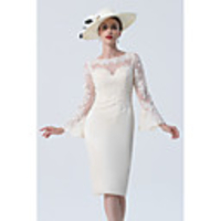 Sheath / Column Mother of the Bride Dress Elegant Vintage Plus Size Jewel Neck Knee Length Lace Satin Long Sleeve with Lace 2020 Mother of the groom dresses