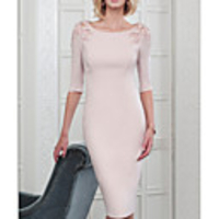 Sheath / Column Mother of the Bride Dress Plus Size Jewel Neck Knee Length Polyester Half Sleeve with Beading Appliques 2020 Mother of the groom dresses