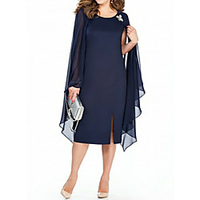 Sheath / Column Mother of the Bride Dress Plus Size Jewel Neck Tea Length Chiffon Long Sleeve with Crystal Brooch 2021 miniinthebox
