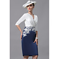Sheath / Column Mother of the Bride Dress Plus Size V Neck Knee Length Charmeuse 3/4 Length Sleeve with Crystals Embroidery 2020
