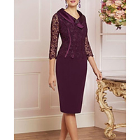 Sheath / Column Mother of the Bride Dress Plus Size V Neck Knee Length Lace Charmeuse Half Sleeve with Lace Beading 2021 miniinthebox