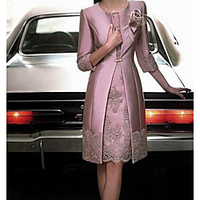 Sheath / Column Mother of the Bride Dress Plus Size Vintage Jewel Neck Knee Length Lace Satin 3/4 Length Sleeve with Appliques 2021 miniinthebox