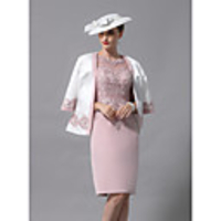 Sheath / Column Mother of the Bride Dress Wrap Included Jewel Neck Knee Length Lace Jersey 3/4 Length Sleeve with Beading Appliques 2020 Mother of the groom dresses