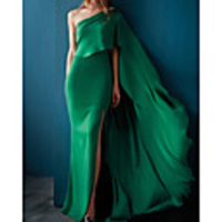 Sheath / Column Reformation Amante Minimalist Wedding Guest Formal Evening Dress One Shoulder Sleeveless Sweep / Brush Train Satin with Sleek Split 2020