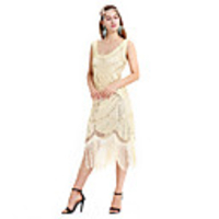 Sheath / Column Roaring 20s Vintage Party Wear Cocktail Party Dress V Neck Sleeveless Tea Length Spandex with Pleats Tassel 2020