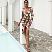 Sheath / Column Sexy bodycon Party Wear Cocktail Party Dress V Neck Long Sleeve Short / Mini Spandex with Ruched Pattern / Print 2020