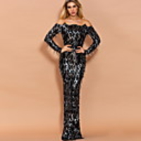 Sheath / Column Sexy bodycon Party Wear Prom Dress Off Shoulder Long Sleeve Floor Length Sequined with Sequin Tassel 2020