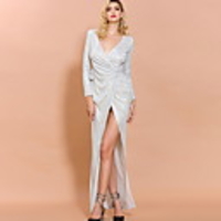 Sheath / Column Sexy bodycon Prom Formal Evening Dress V Neck Long Sleeve Floor Length Sequined with Ruched Sequin Split 2020