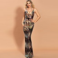 Sheath / Column Sexy bodycon Prom Formal Evening Dress V Neck Sleeveless Floor Length Sequined with Sequin 2020
