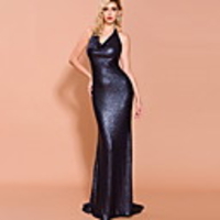 Sheath / Column Sexy bodycon Prom Formal Evening Dress V Neck Sleeveless Sweep / Brush Train Sequined with Sequin 2020