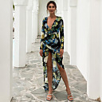 Sheath / Column Sexy Boho Holiday Party Wear Dress V Neck Long Sleeve Asymmetrical Chiffon with Pattern / Print 2020