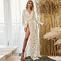Sheath / Column Sexy Boho Holiday Prom Dress V Neck Long Sleeve Sweep / Brush Train Chiffon with Sash / Ribbon Split 2020
