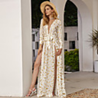 Sheath / Column Sexy Boho Holiday Prom Dress V Neck Long Sleeve Sweep / Brush Train Chiffon with Sash / Ribbon Split 2020
