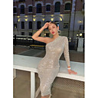 Sheath / Column Sexy Sparkle Party Wear Cocktail Party Dress One Shoulder Long Sleeve Knee Length Sequined with Sequin 2020