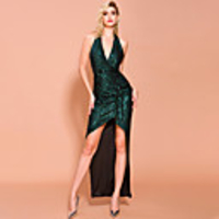 Sheath / Column Sexy Sparkle Party Wear Prom Dress Halter Neck Sleeveless Asymmetrical Spandex with Sequin 2020