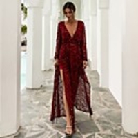 Sheath / Column Sexy Sparkle Prom Formal Evening Dress V Neck Long Sleeve Floor Length Spandex Sequined with Tassel Split 2020