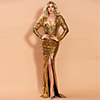 Sheath / Column Sexy Sparkle Prom Formal Evening Dress V Neck Long Sleeve Sweep / Brush Train Sequined with Split 2020