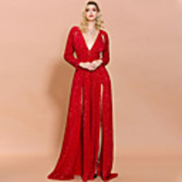Sheath / Column Sexy Sparkle Prom Formal Evening Dress V Neck Long Sleeve Sweep / Brush Train Sequined with Split 2020